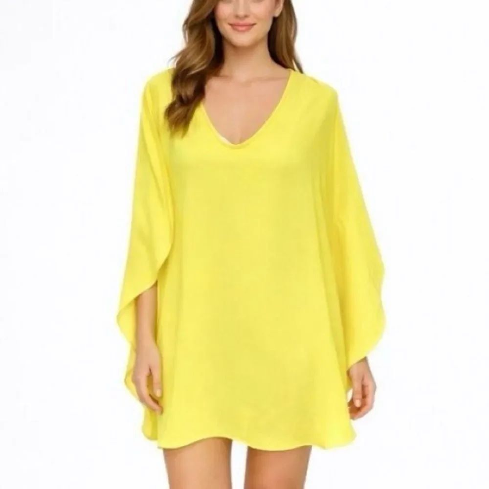 Trina Turk Bright Yellow Cape Poncho Dress L V-Neck Batwing Sleeve Recycled Poly